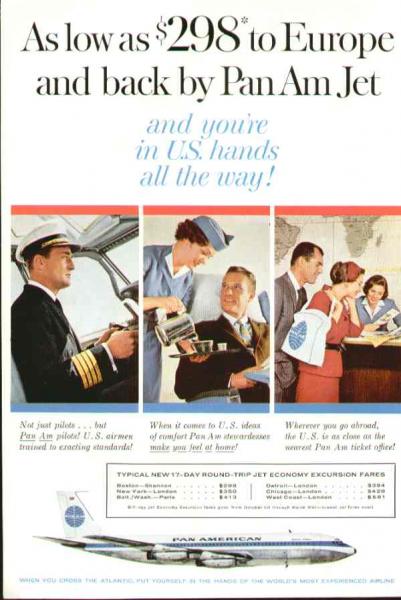 1960, A Pan Am ad featuring a pilot, flight attendant & ticket agent.